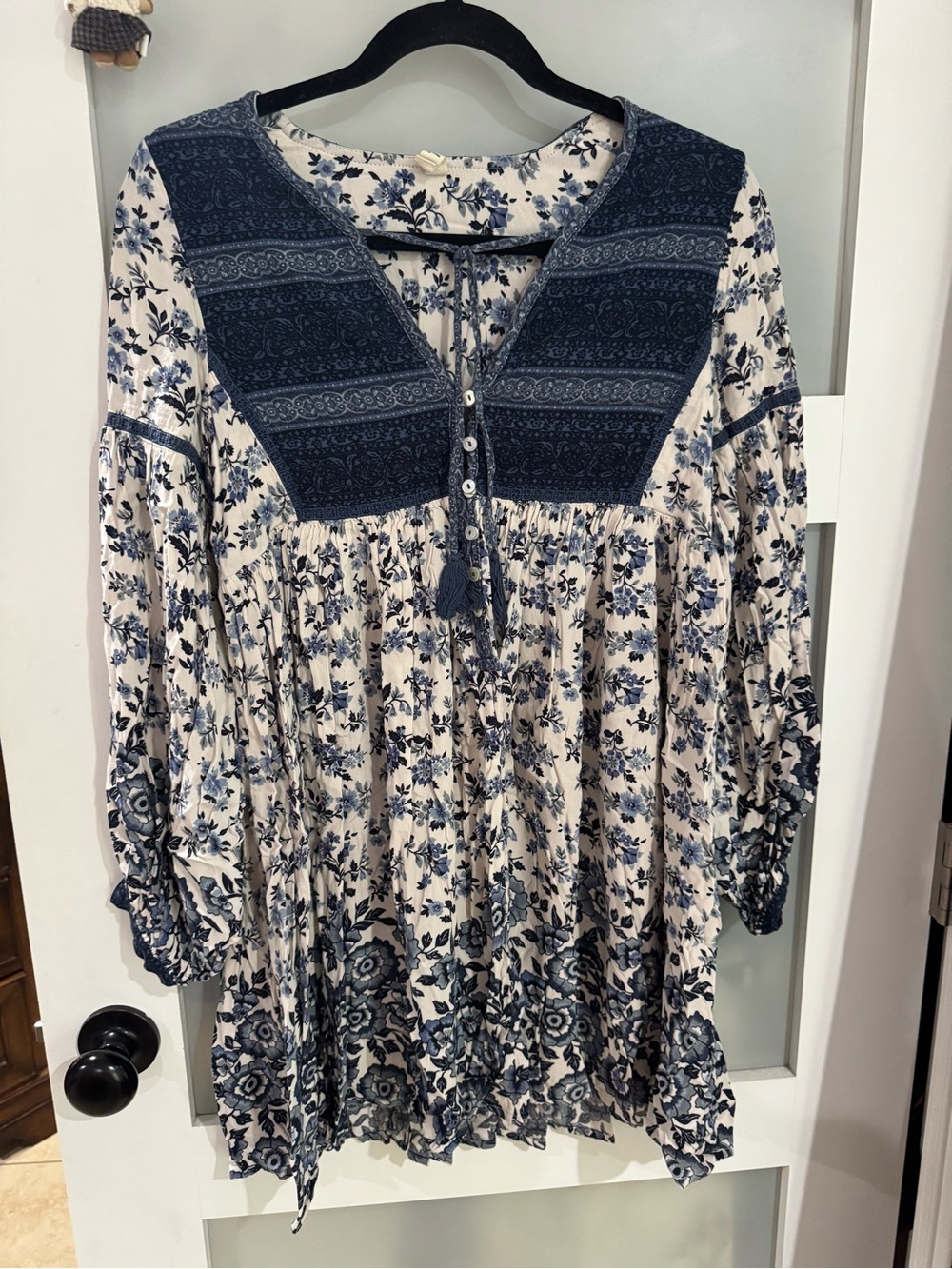 Spell Navy and Cream Floral Peasant Mini Dress with Embroidered Yoke